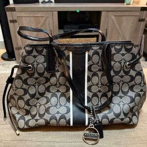 Coach Black and Gray Signature Stripe Shoulder Tote
